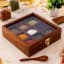 Wooden Masala Box with 9 Compartments and Spoon – Traditional Spice Box Organizer for Kitchen, Herbs, Seasonings & Dry Fruits Storage